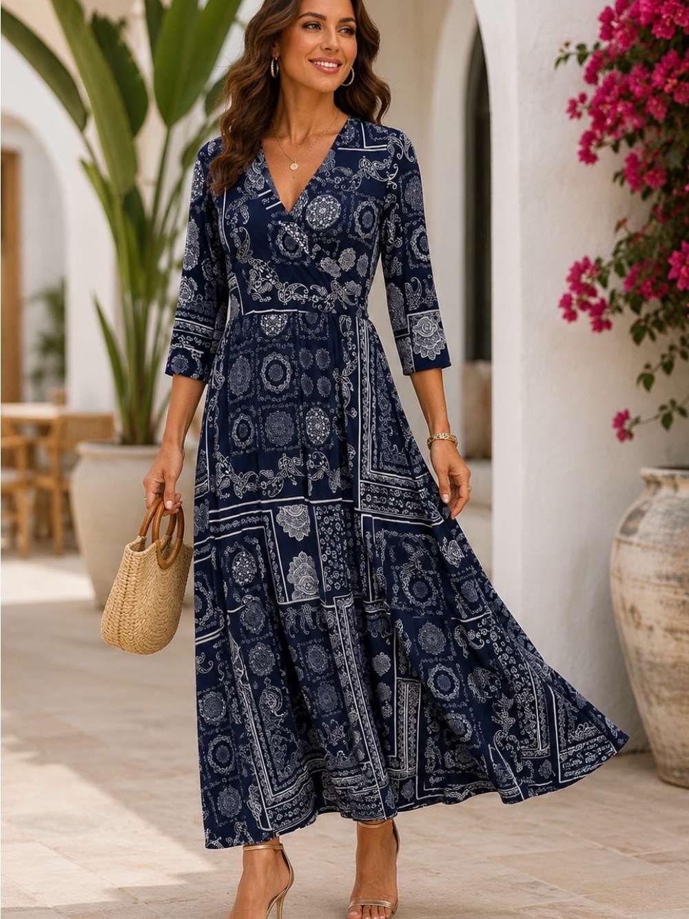 Source Unknown Navy Blue Paisley Maxi Wrap Dress